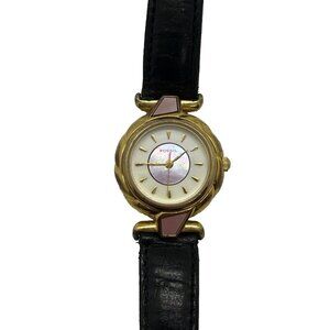 Vtg Fossil Women's Watch DR-2020 Mother of Pearl Face Pink Detail Black Leather
